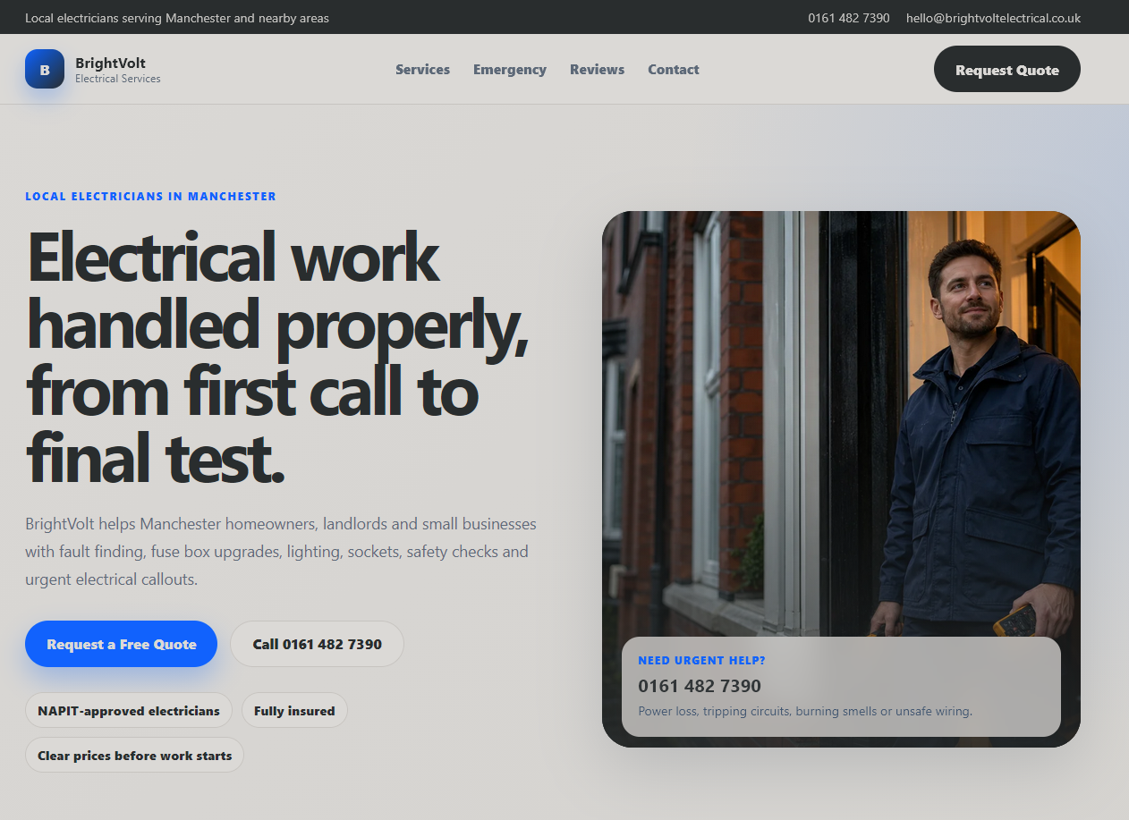 Electrician website design sample for a local service business